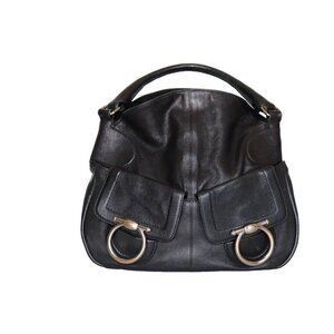 Salvatore Ferragamo Women's Black Hobo Top Handle Bag Leather Flap Pockets Purse